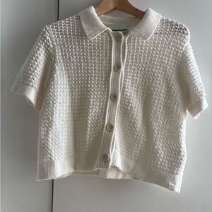 Cream Knit Short-Sleeve Button-Up Polo Top